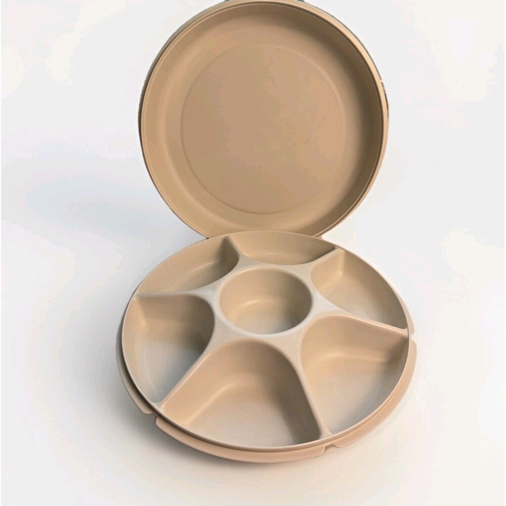 Vintage Tupperware Almond Divided Vegetable Fruit Chip & Dip Serving Tray & Lid